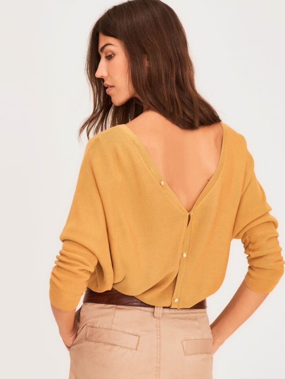 Ba&sh Tan Open Back Cardigan Knit Sweater Top Loose Fit Size 2 Medium
